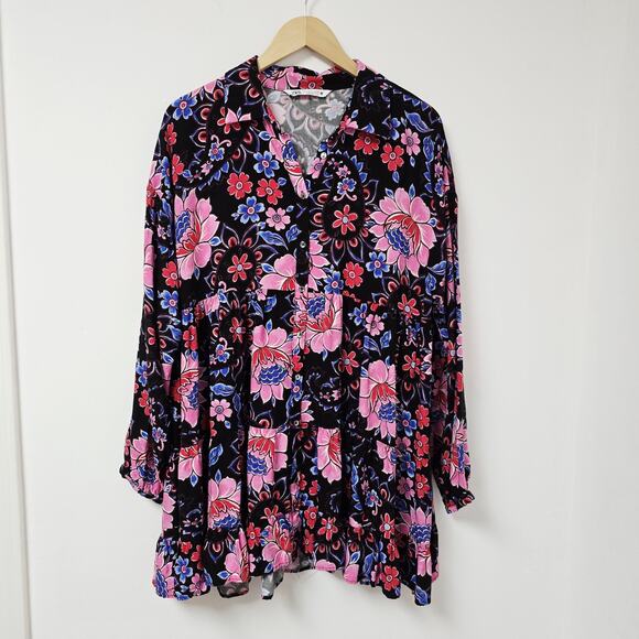 Zara Blouse Dress Size XL Womens Floral Button Front Flowy Tiered Boho Preppy - Picture 1 of 11